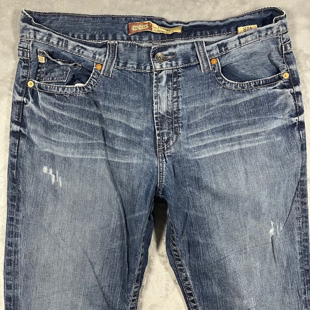Big Star Pioneer Mens Regular Boot Cut‎ Jeans Blue 40R(39) Distressed Denim